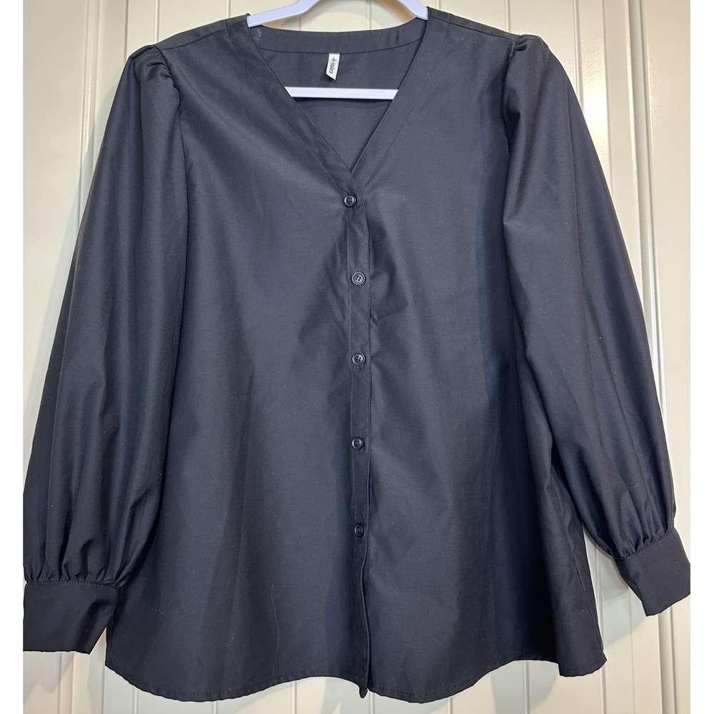 Halara V-neck Button up Long puff Sleeve Casual Shirt Sz M Black office work
